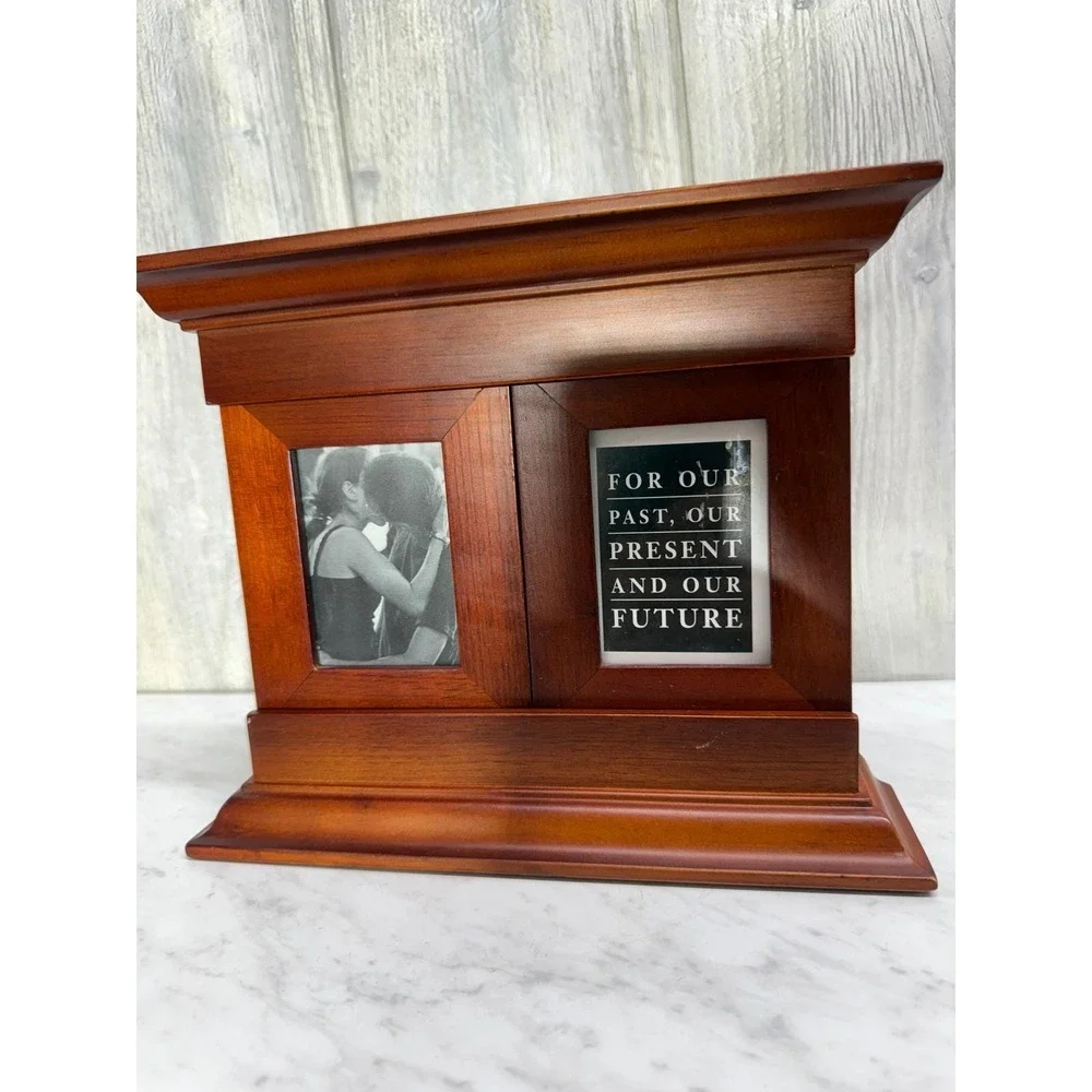 Wooden Sliding Door Triple Picture Frame Mantel Style Brown Cherry Finish
